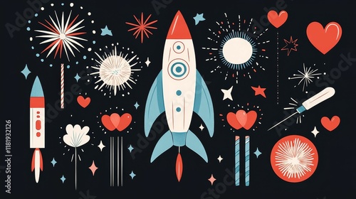 Valentine's Day and Chinese New Year concept. Colorful rocket illustration with fireworks, hearts, and stars on a dark background.