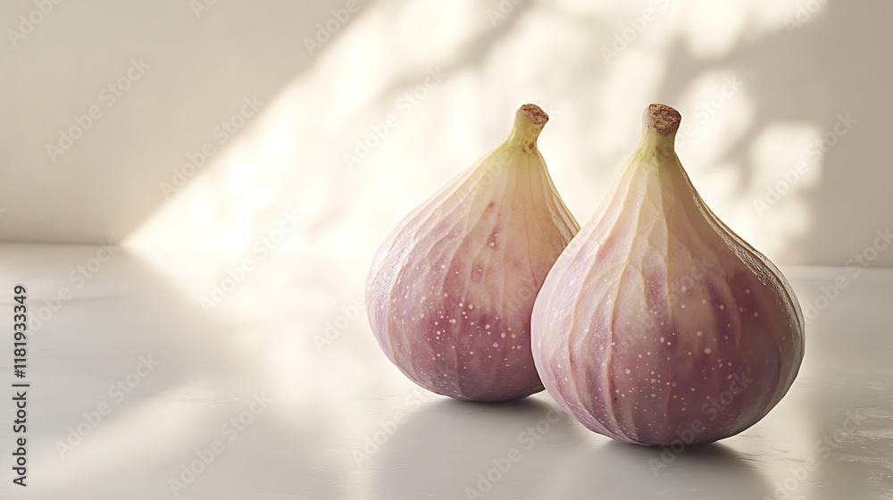 Obraz premium Two ripe figs on a light surface, illuminated by soft shadows.