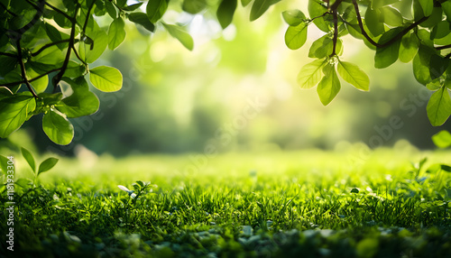 Lush green leaves frame vibrant grassy landscape photo