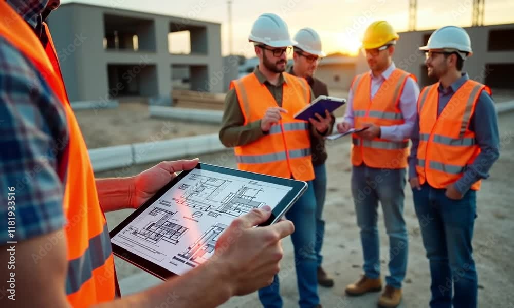 A construction supervisor showing a detailed blueprint on a tablet, symbolizing modern construction planning and technology