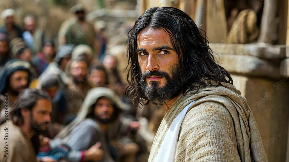 smiling Jesus Christ at city street in ancient time surround with people smiling Jesus Christ at city street in ancient time surround with people