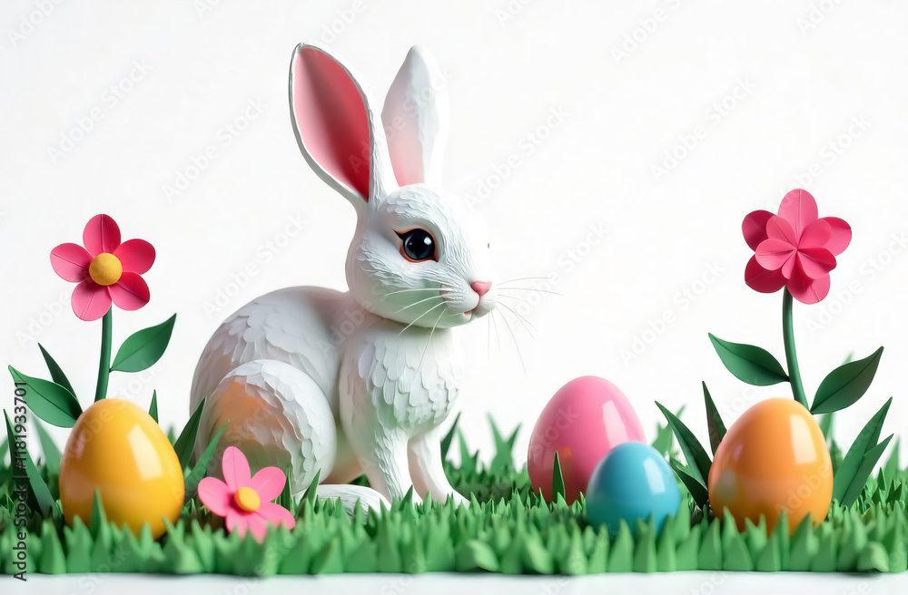 Fototapeta premium A cute little rabbit next to an Easter egg with a place for a banner text, a postcard, a series of bunnies in a clearing. Easter eggs painted in different colors, for the bright Easter church holiday.