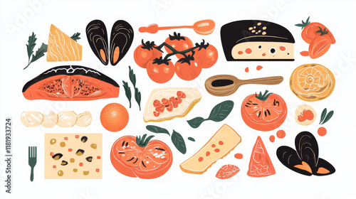 Sicilian food vector stuffed tomatoes, caciovallo, mussels and scaccia. Cannoli, caponata, chops with pesto sauce and arancini with meat stuffing, rolls of beef, baked peaches. Meals of Sicily banners photo