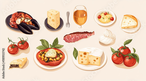 Sicilian food vector stuffed tomatoes, caciovallo, mussels and scaccia. Cannoli, caponata, chops with pesto sauce and arancini with meat stuffing, rolls of beef, baked peaches. Meals of Sicily banners photo