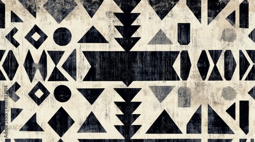 Traditional African Mud Cloth Pattern with Geometric Symbols on Textured Background