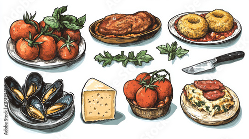 Sicilian food vector stuffed tomatoes, caciovallo, mussels and scaccia. Cannoli, caponata, chops with pesto sauce and arancini with meat stuffing, rolls of beef, baked peaches. Meals of Sicily banners photo