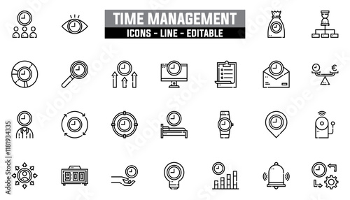 Set of 25 line icons time management. Editable stroke. Vector illustration