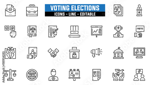 Set of 25 line icons voting elections. Editable stroke. Vector illustration