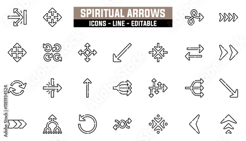 Set of 25 line icons spiritual arrows. Editable stroke. Vector illustration