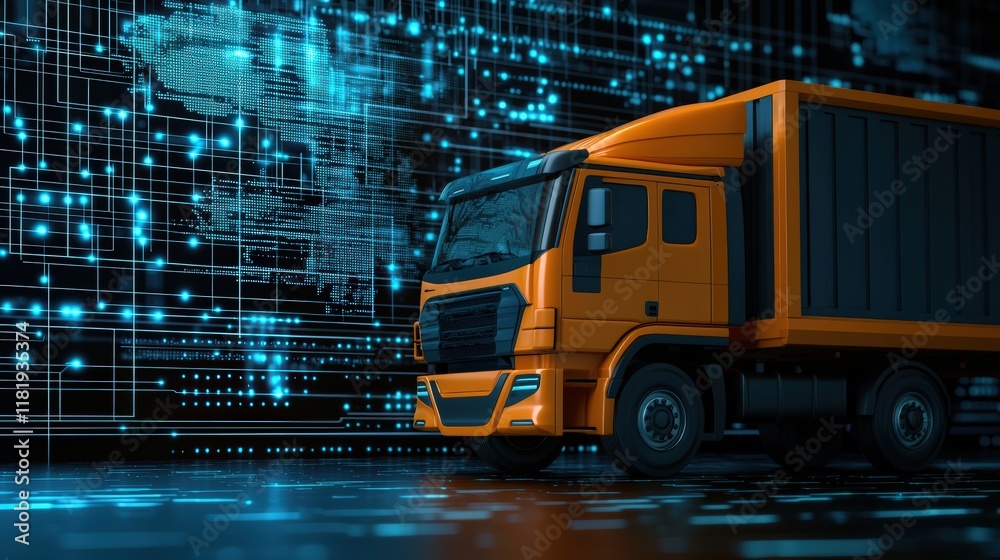 A modern orange truck is showcased against a digital, data-inspired backdrop, symbolizing logistics and technology integration. A modern orange truck is showcased against a digital, data-inspired backdrop, symbolizing logistics and technology integration.
