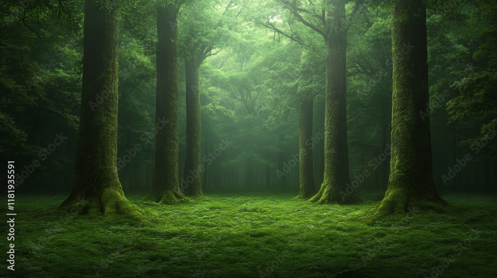 Obraz premium dense forest filled with tall, towering trees creates serene atmosphere. lush greenery and soft moss underfoot enhance tranquil environment, inviting exploration and reflection