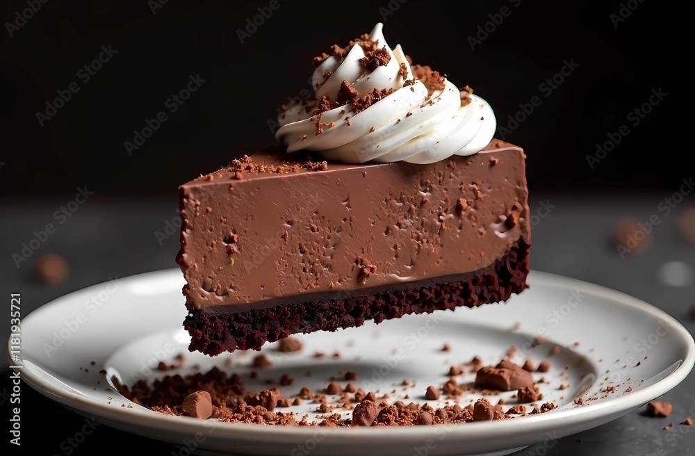 A slice of chocolate cake with mocha mousse, chocolate shavings and whipped cream. Color of the Year 2025