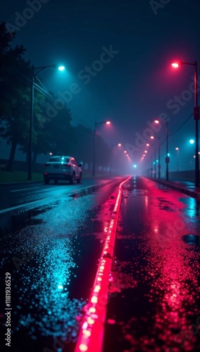 Neon searchlight sweeps across dark wet asphalt, searchlight, city streets, night scene