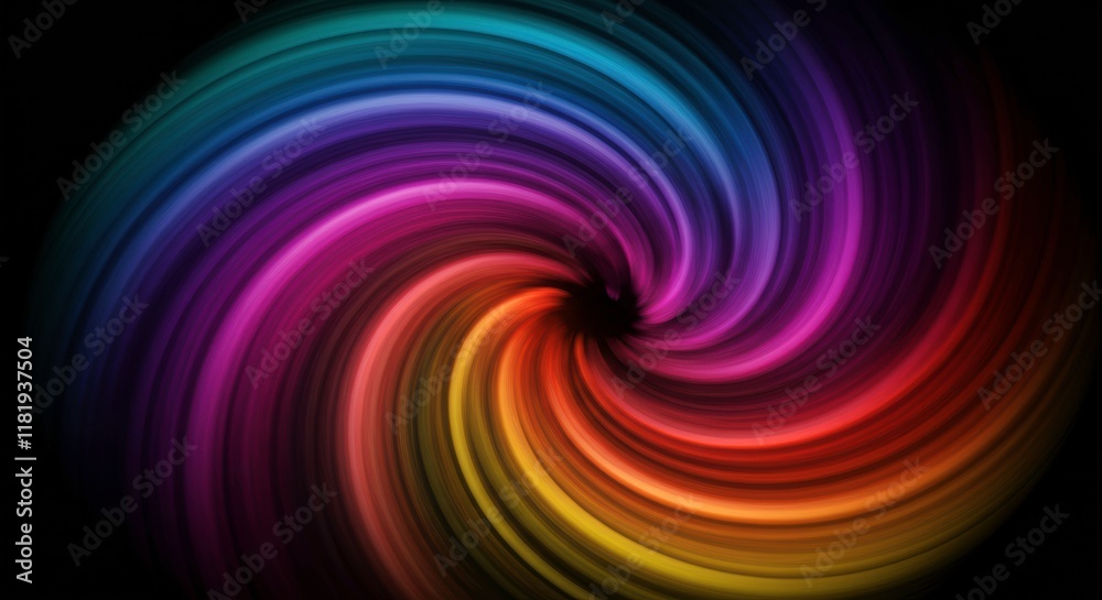 Fototapeta premium Rainbow Swirl: An abstract image featuring a vibrant, multicolored spiral, swirling inwards towards a dark center. The dynamic colors create a hypnotic and captivating visual effect.