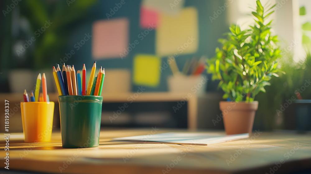 Colorful Pencils in Cups on Wooden Desk