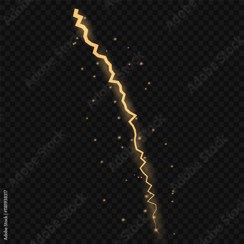 Bright glow of lightning. Realistic effect of bright electric discharge of blue lightning. Yellow lightning effect with sparks on black background. Vector illustration