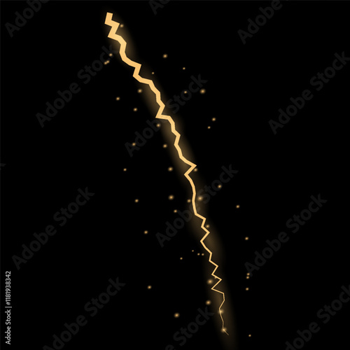 Bright glow of lightning. Realistic effect of bright electric discharge of blue lightning. Yellow lightning effect with sparks on black background. Vector illustration