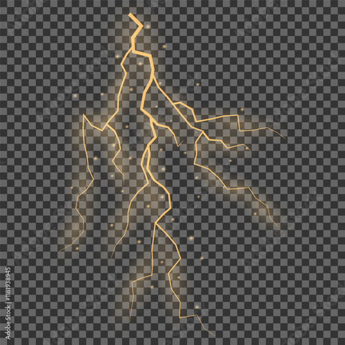 Bright glow of lightning. Realistic effect of bright electric discharge of blue lightning. Yellow lightning effect with sparks on black background. Vector illustration