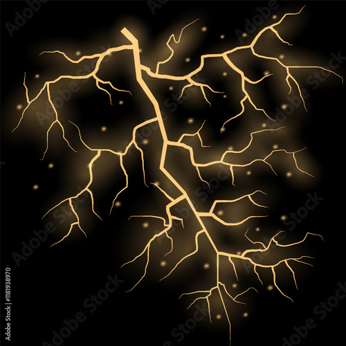 Bright glow of lightning. Realistic effect of bright electric discharge of blue lightning. Yellow lightning effect with sparks on black background. Vector illustration