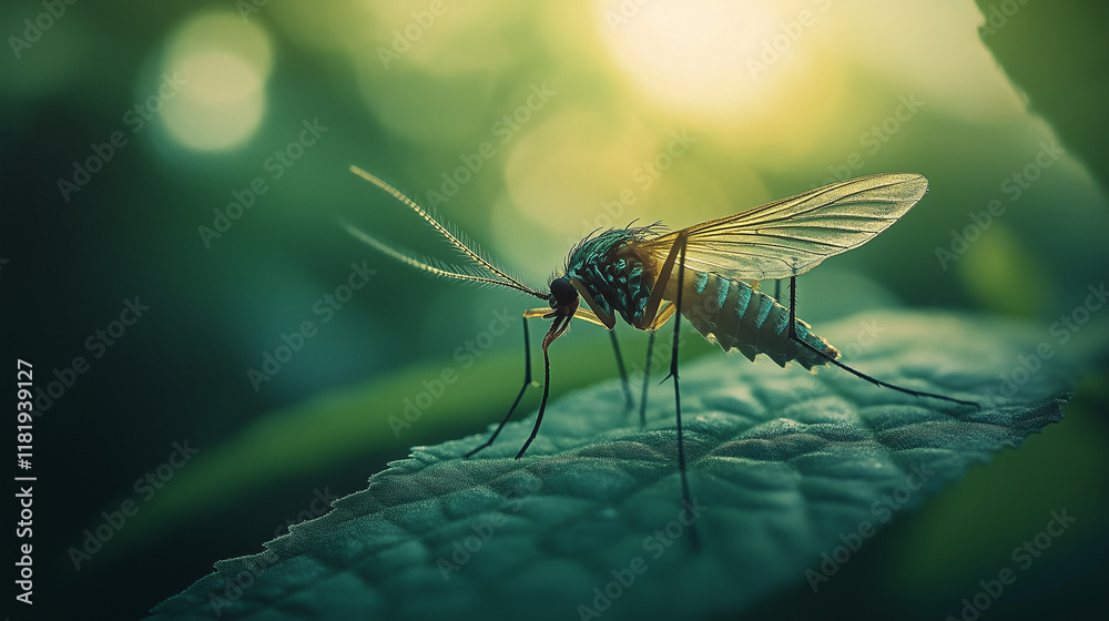 Macro Detail: A close-up shot of a mosquito perched on a green leaf, with intricate details of its wings and body visible, captured under natural daylight. Macro Detail: A close-up shot of a mosquito perched on a green leaf, with intricate details of its wings and body visible, captured under natural daylight.