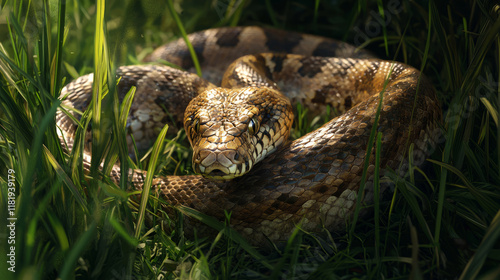 Wallpaper Mural Close-up of a snake coiled in green grass under sunlight Torontodigital.ca