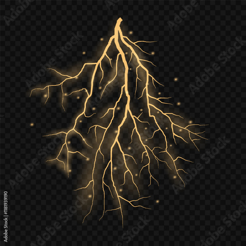Bright glow of lightning. Realistic effect of bright electric discharge of blue lightning. Yellow lightning effect with sparks on black background. Vector illustration