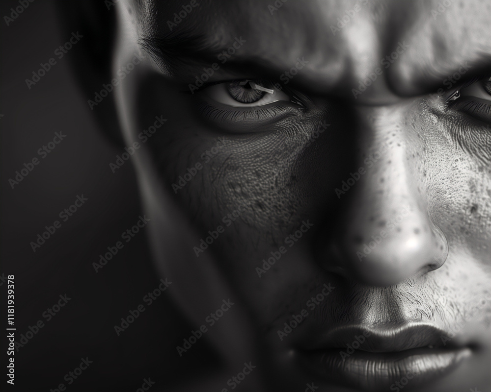 Naklejka premium Intense Close-Up of a Man's Face in Dramatic Black and White Illustration for Emotional Depth and Artistic Inspiration