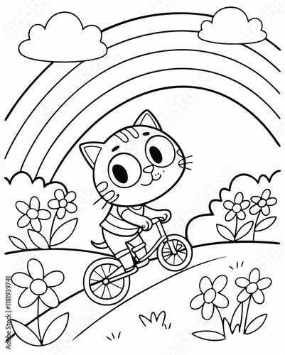 cat riding a bike, rainbow and flowers coloring page.Printable for Kids.