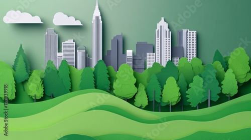 Urban Skyline with Pine Trees photo