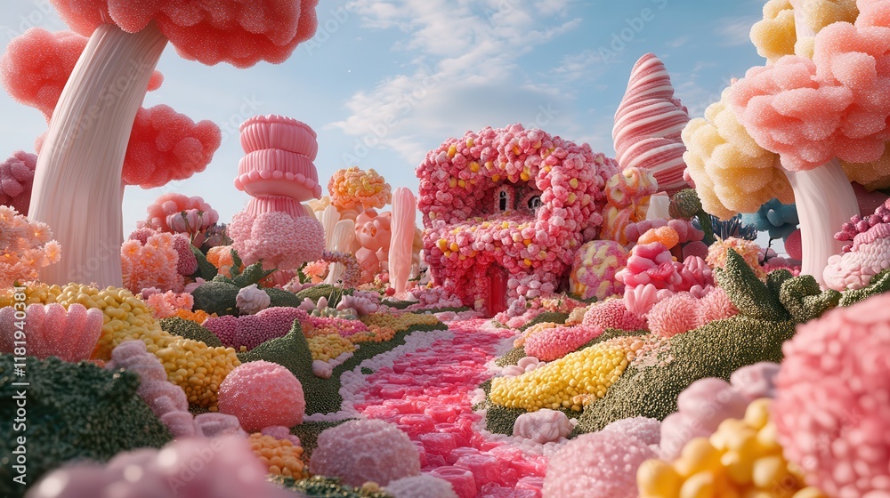 Fototapeta premium A surreal garden featuring giant gummy plants and vibrant candy landscapes