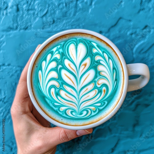 Latte art competition scene, close-up of a barista's hands creating intricate foam designs in a vibrant cafe setting photo