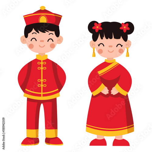 Adorable children in traditional Chinese New Year attire, perfect for holiday greetings and cultural celebrations
