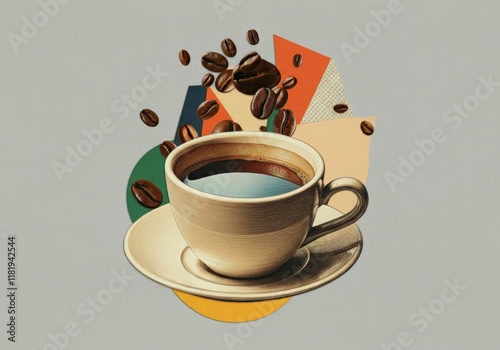 Coffee cup with geometric background and floating beans. Mixed media collage for cafe branding and modern decor themes