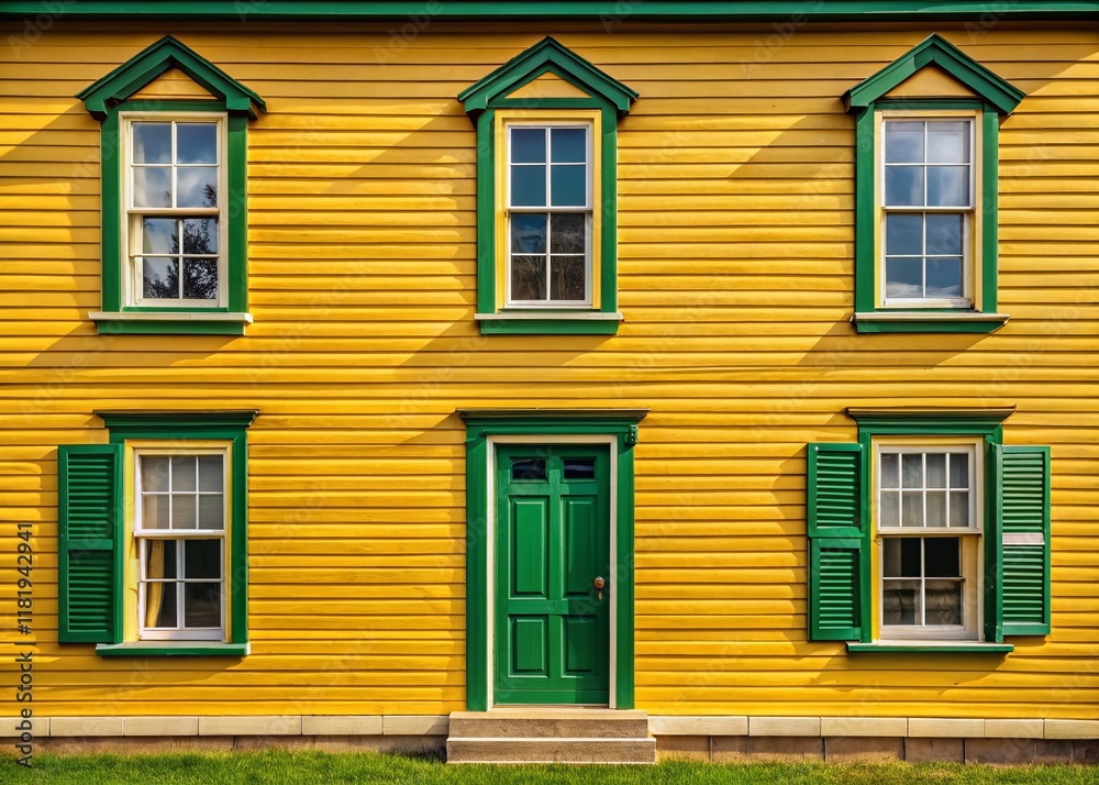 Panoramic View of Yellow Cape Cod Style House with Green Trim and White Curtains Panoramic View of Yellow Cape Cod Style House with Green Trim and White Curtains