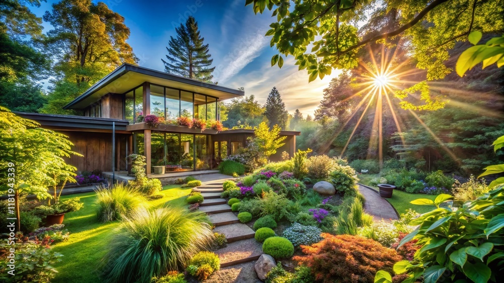 Obraz premium Panoramic View: Sustainable Eco-Friendly Home, Lush Garden, Natural Harmony
