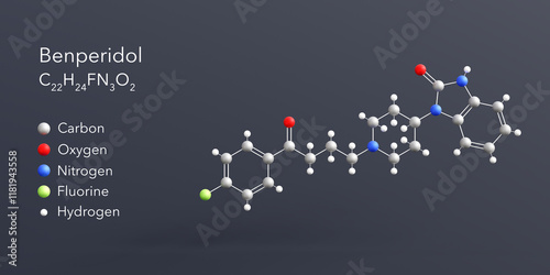 benperidol molecule 3d rendering, flat molecular structure with chemical formula and atoms color coding photo