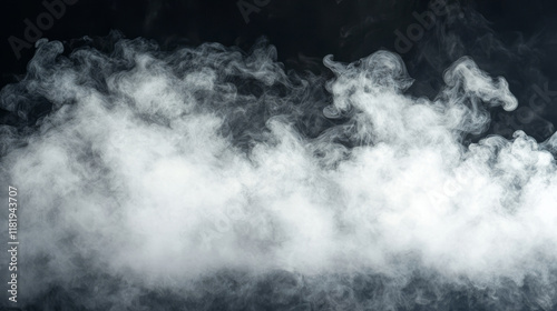 Dense white smoke or vapor clouds on a dark black background
