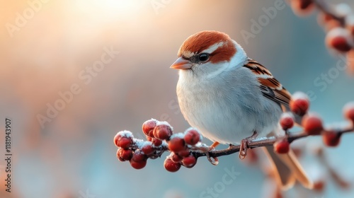 A captivating bird perched on a berry-laden branch, surrounded by frosted leaves, epitomizing the beauty of winter and nature's vibrant colors in soft morning light.