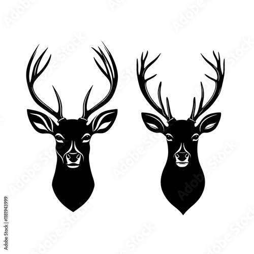 Two black silhouette deer heads with antlers, perfect for logo design or graphic element. photo