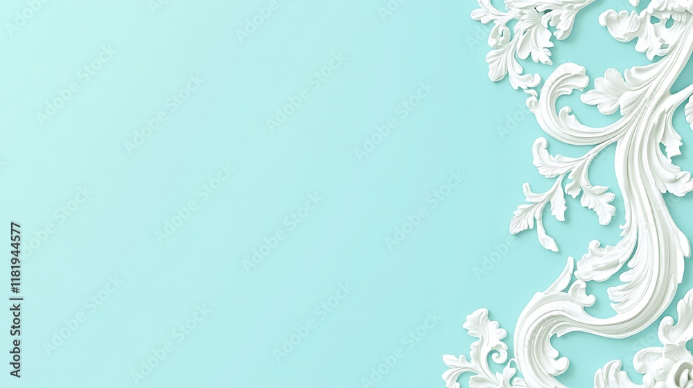 White ornate floral design on a light blue background White ornate floral design on a light blue background