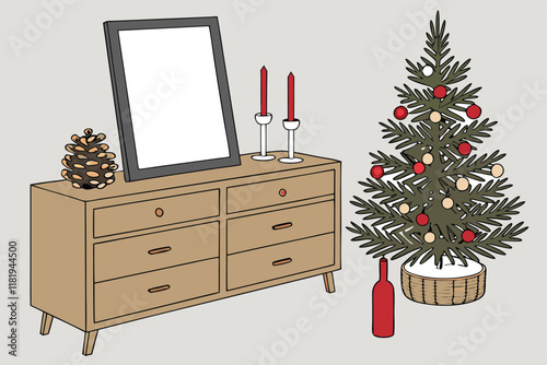 Christmas decor, wooden sideboard, blank picture frame, miniature pine trees, wreath with gold ornaments, red and silver baubles, white candles, pine cones, red bottle, festive arrangement, minimalist