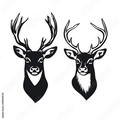 Two black silhouette deer heads with antlers, perfect for logo design or graphic element. photo