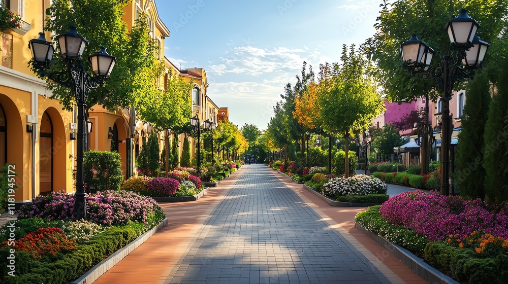 Charming street lined with colorful flowers and trees under a clear blue sky. Charming street lined with colorful flowers and trees under a clear blue sky.