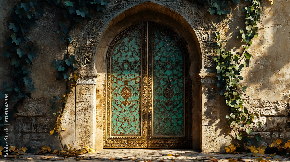 Fototapeta premium Ornate Doorway Framed by Ivy Vines with Elegant Architectural Details