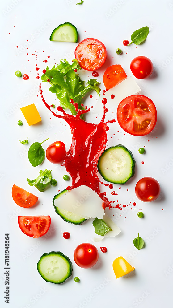 Explosion of sliced vegetables salad splash, isolated on white background Explosion of sliced vegetables salad splash, isolated on white background