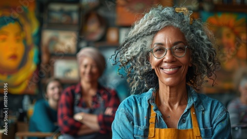 A joyful older woman with curly gray hair smiles warmly in an art studio, surrounded by colorful artwork and fellow artists. photo