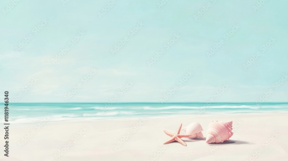 Starfish & shells on beach, ocean background, for summer or vacation Starfish & shells on beach, ocean background, for summer or vacation