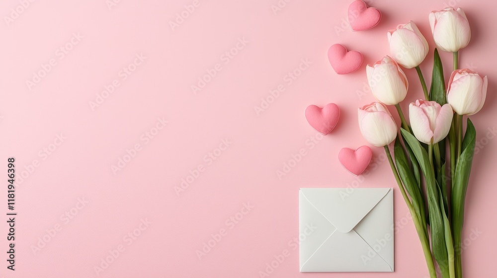 Obraz premium 3d render A bouquet of tulips beside a letter and pink heart-shaped candies on a soft pink background, creating a romantic and cheerful atmosphere.
