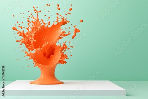 Vibrant burst of orange liquid dramatically suspended on a pristine white backdrop an abstract photograph capturing the ephemeral beauty and energy of the fleeting moment with crystalline clarity