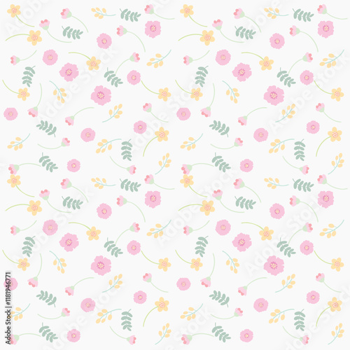 Cute pastel blossom and leaves on white pattern for fabric and seamless pattern.
